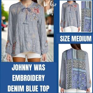 Johnny Was Umoya Patchwork Scarf Floral Embroidery Blouse Denim Blue Size Medium